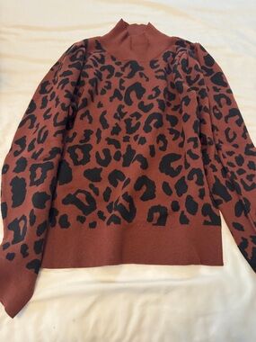 525 America Leopard-Print Mock Neck Sweater with puff sleeves. NWOT